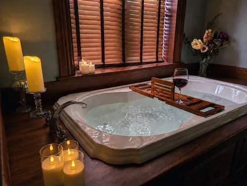 Two-person jacuzzi tub with candles and wine glass
