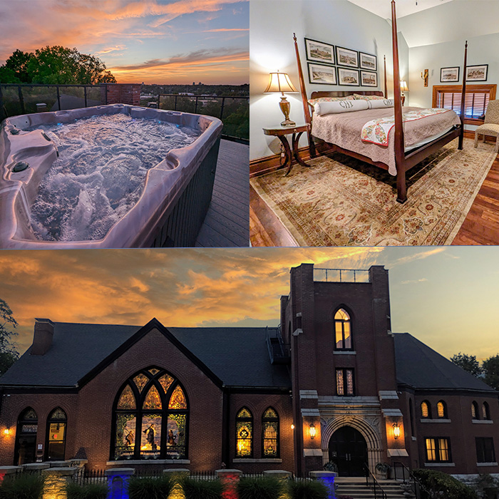 Collage of bedrooms with stained glass windows.