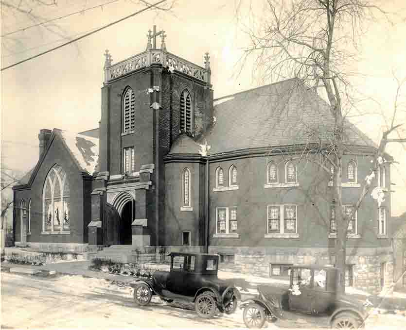 The rebuilt 1905 church, the current Gothic Heights Inn building