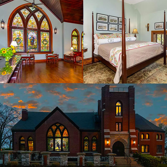 Collage of bedrooms with stained glass windows.