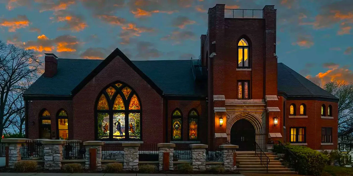 Gothic Heights Inn at sunset, a converted 1892 Gothic church in the Clifton Heights neighborhood of St. Louis